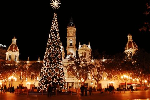 valencia spain at christmas a christmas tree in Plaza del Ayuntamiento in Valencia